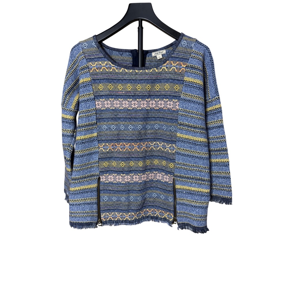Lucky Brand‎ Womens Blue Multi Geometric Fringe Trim Side Zip Top Large